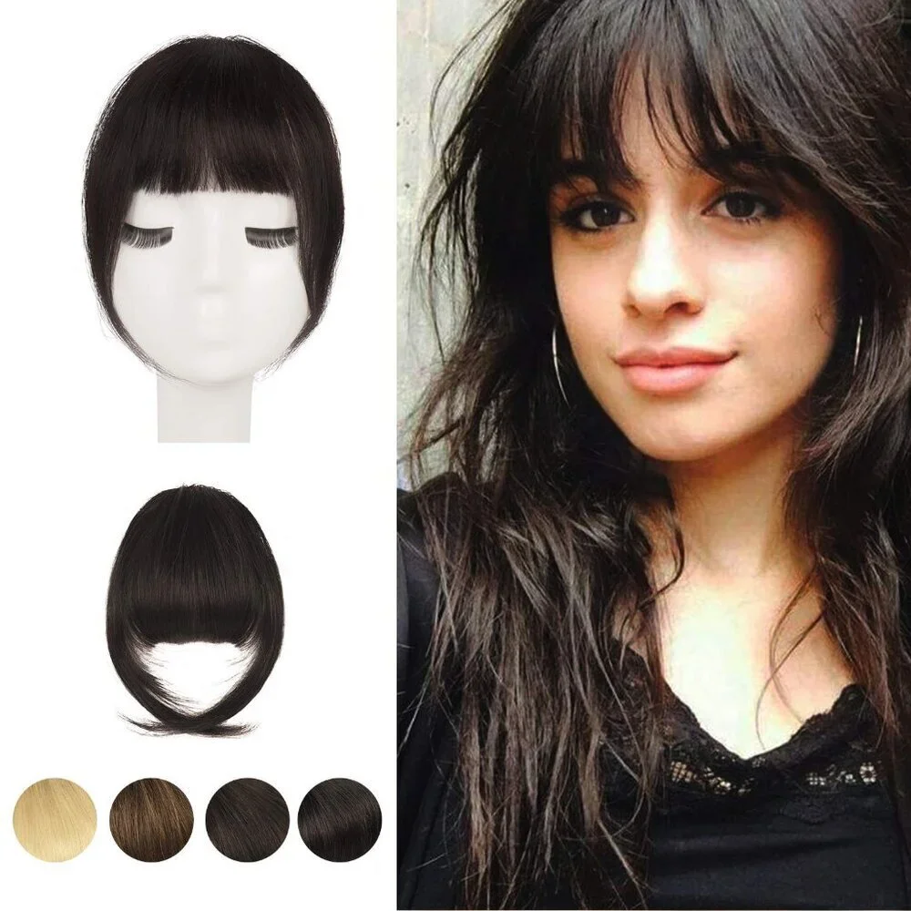 Human Hair Clip In Bangs Dark Brown French Fringe for Women Easy Style